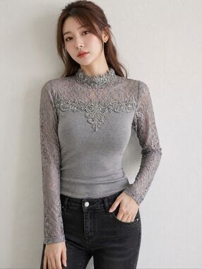 Romantic Gray Lace Long Sleeve Top Small Rhinestone High Neck Vintage Style